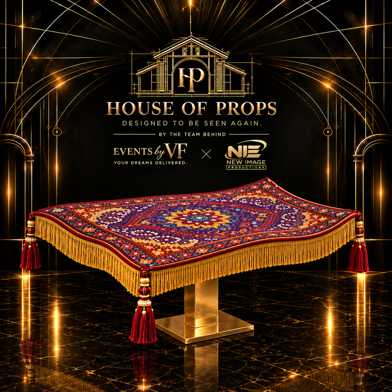 Aladdin Magic Carpet Display in red, purple, gold — Tables & Display available to rent from House of Props NY