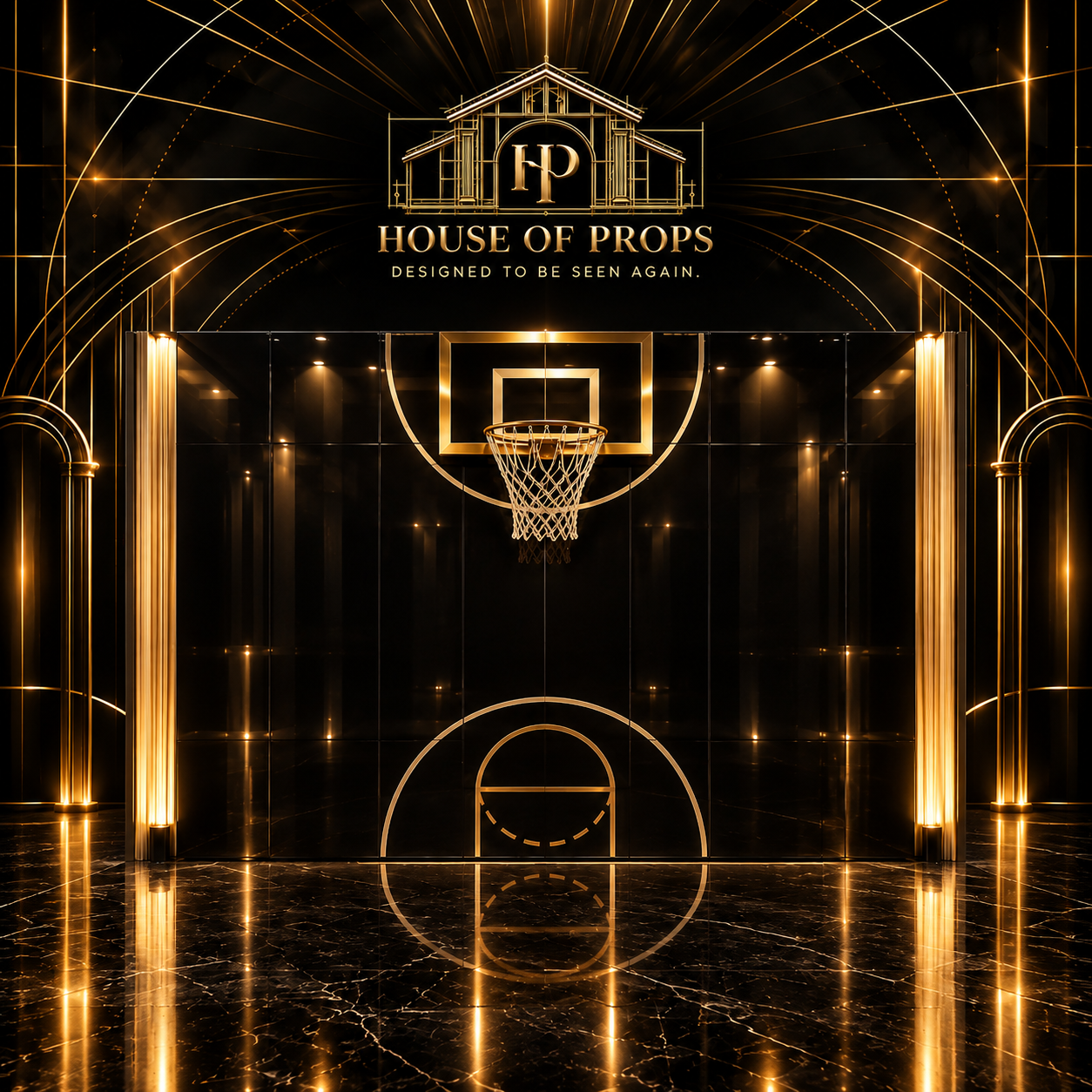 Basketball Court Feature Wall in black, gold — Backdrops & Arches available to rent from House of Props NY