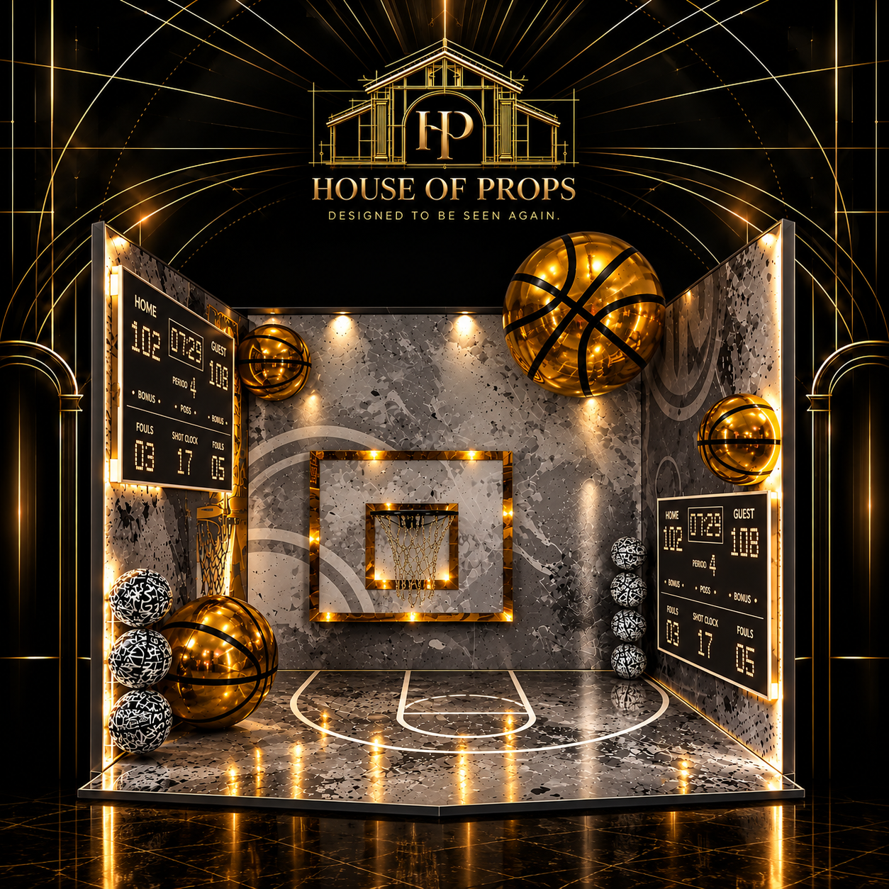 Basketball Court Photo Zone in black, gold — Backdrops & Arches available to rent from House of Props NY