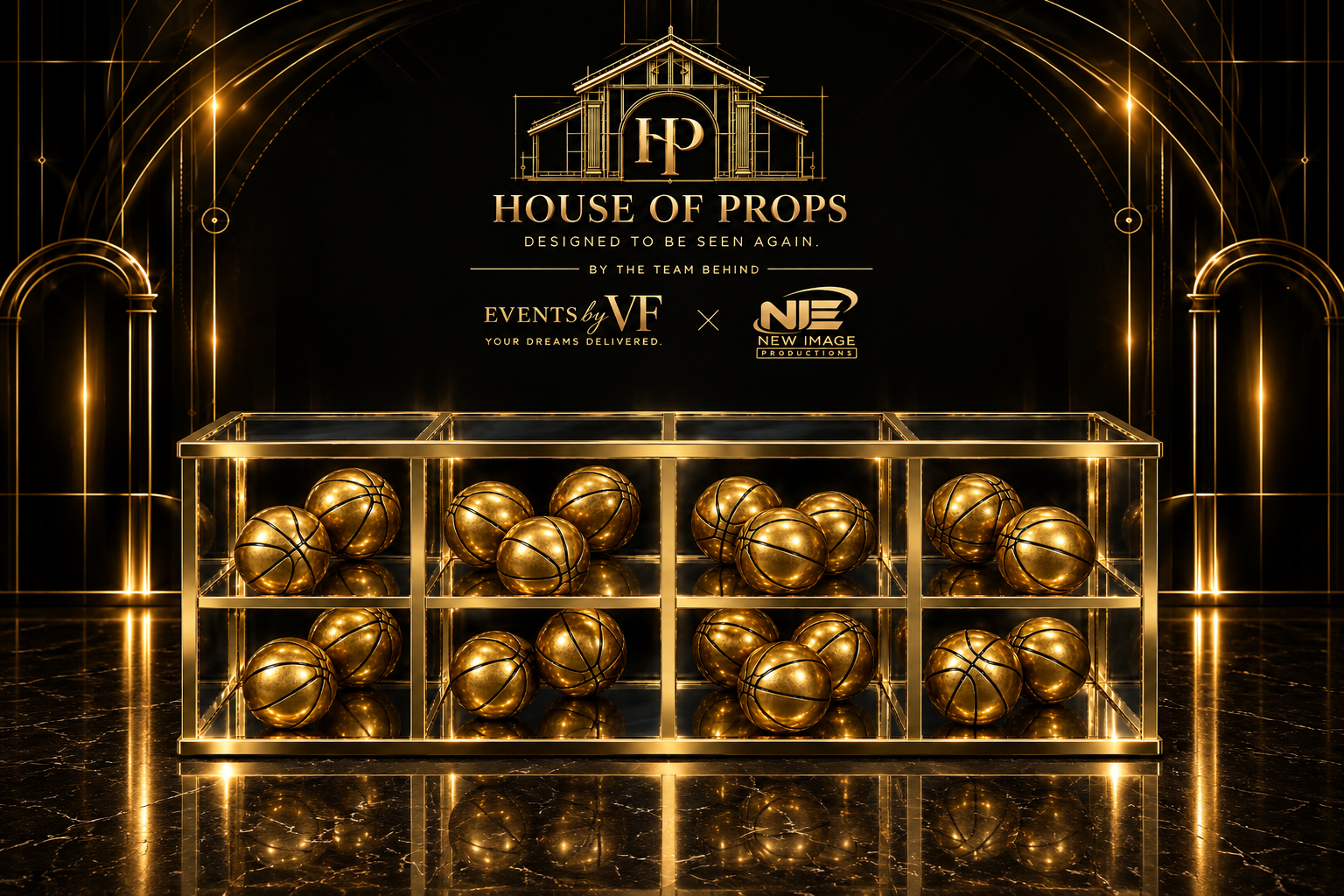 Basketball Display Case in gold — Tables & Display available to rent from House of Props NY