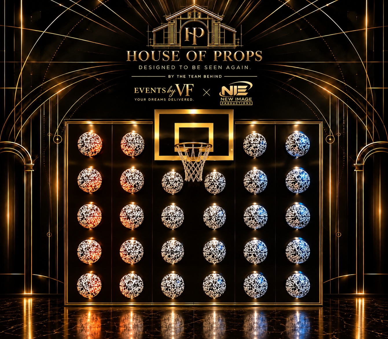 Basketball Display Wall in black, gold — Backdrops & Arches available to rent from House of Props NY