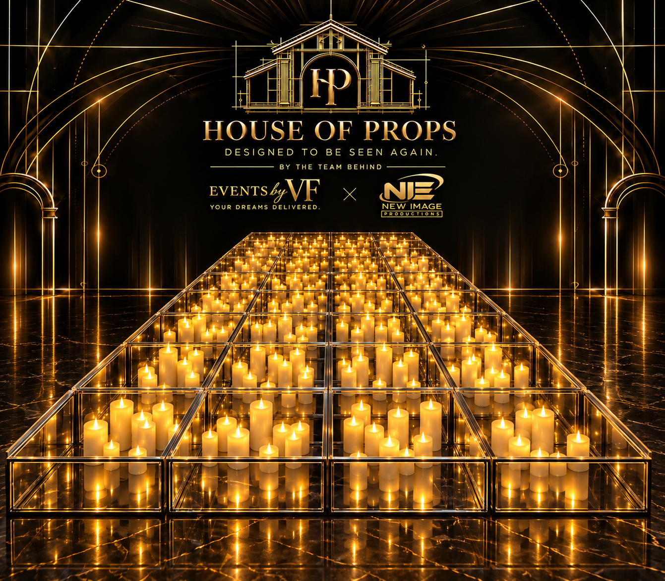Candle Walkway Installation in gold, clear — Lighting & Effects available to rent from House of Props NY