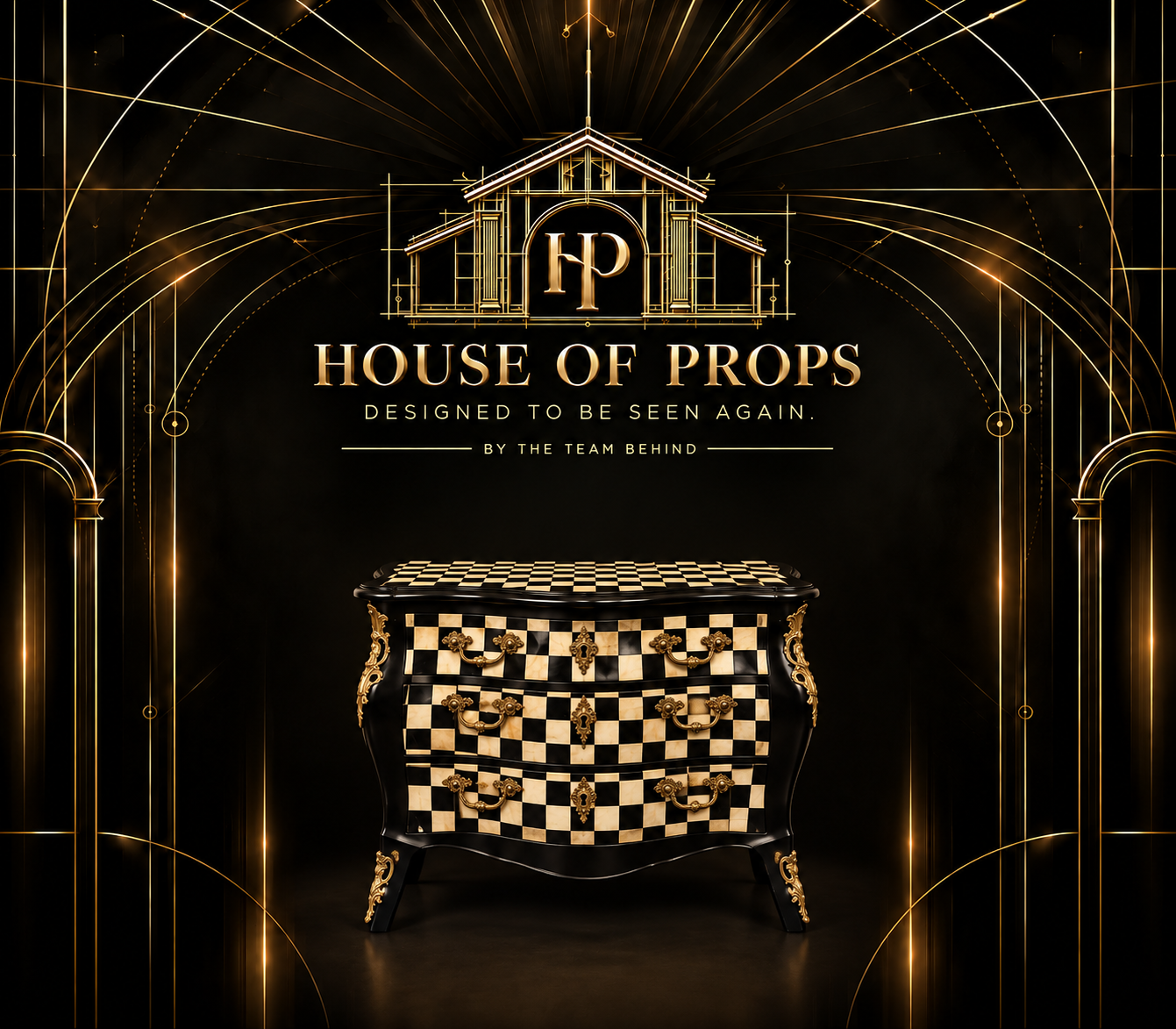 Checkerboard Ornate Dresser in black, ivory — Tables & Display available to rent from House of Props NY