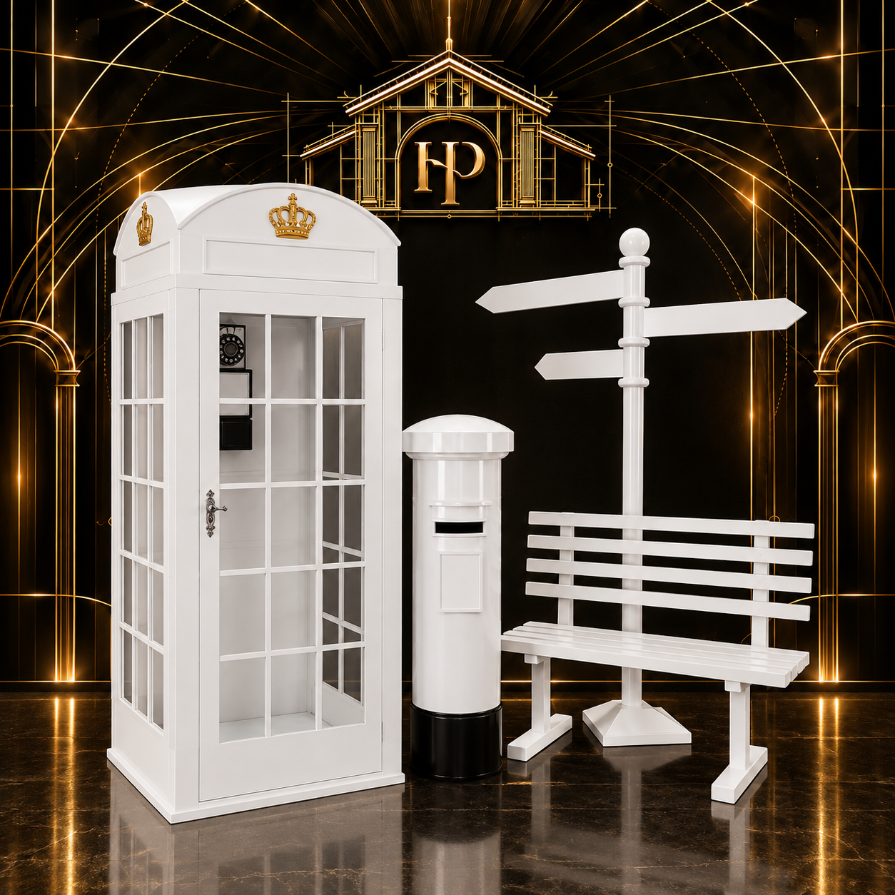 Classic Phone Booth Prop Set in white, gold accent — Photo Props available to rent from House of Props NY