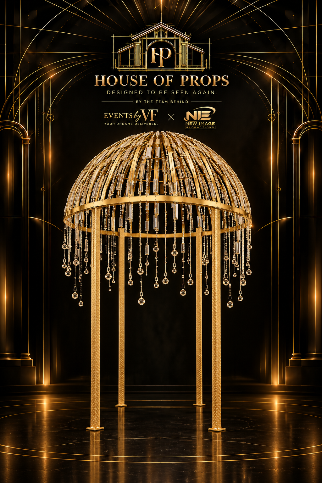 Crystal Dome Gazebo in gold, clear — Large Installations available to rent from House of Props NY