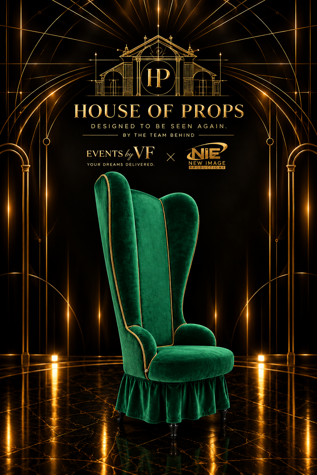 Emerald Velvet High-Back Chair in emerald — Seating & Lounge available to rent from House of Props NY