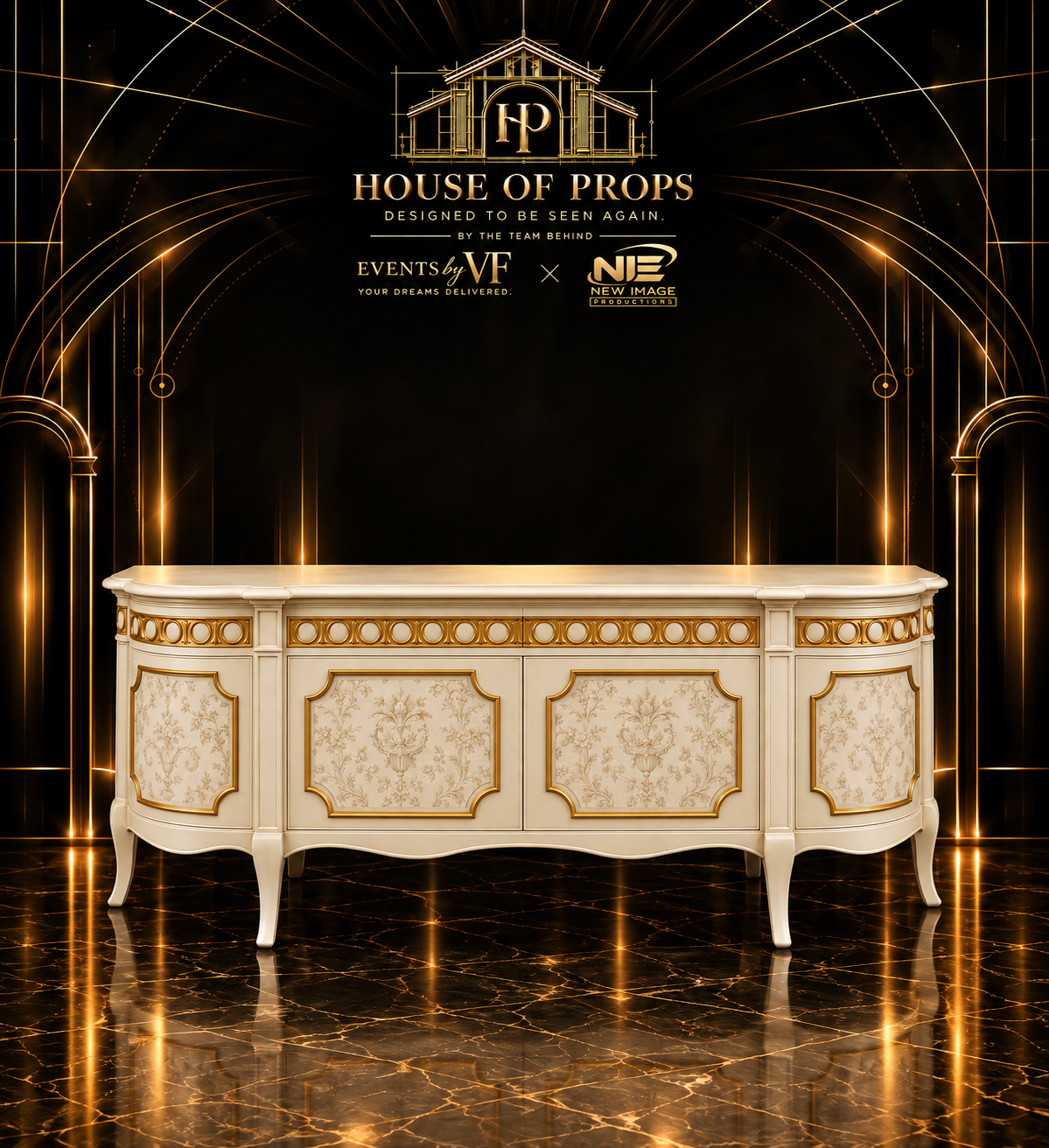 French-Style Display Console in cream, gold — Tables & Display available to rent from House of Props NY