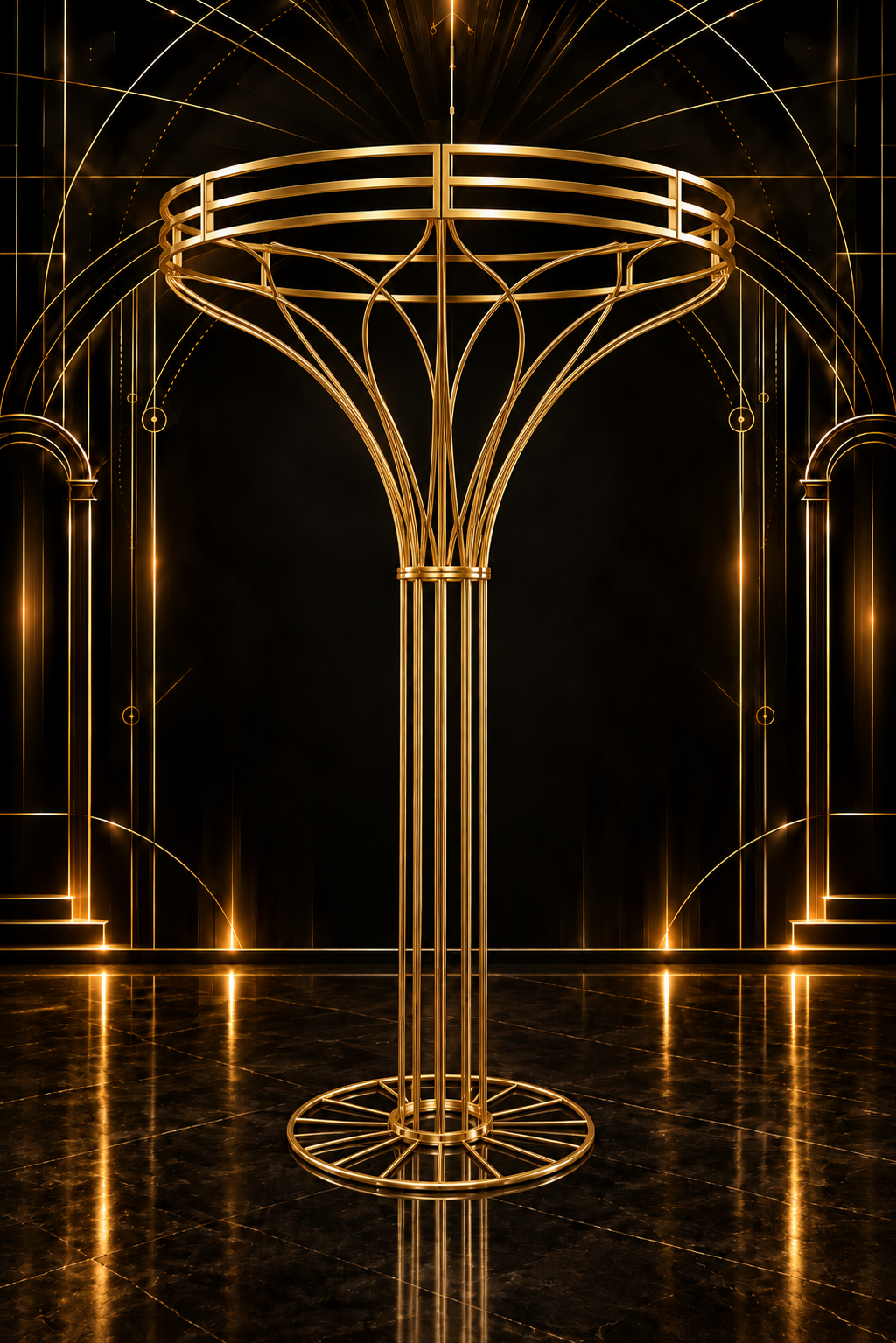 Gold Metal Circle Top Pillar Stand — Backdrops & Arches available to rent from House of Props NY