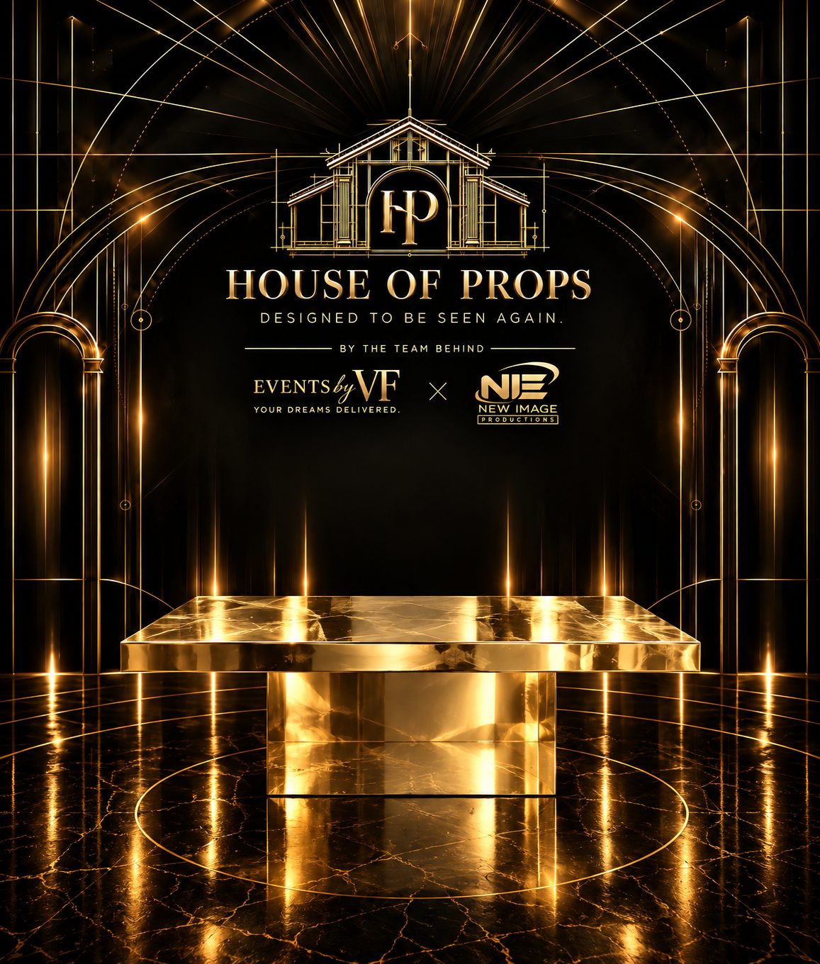 Gold Mirrored Display Table in gold — Tables & Display available to rent from House of Props NY