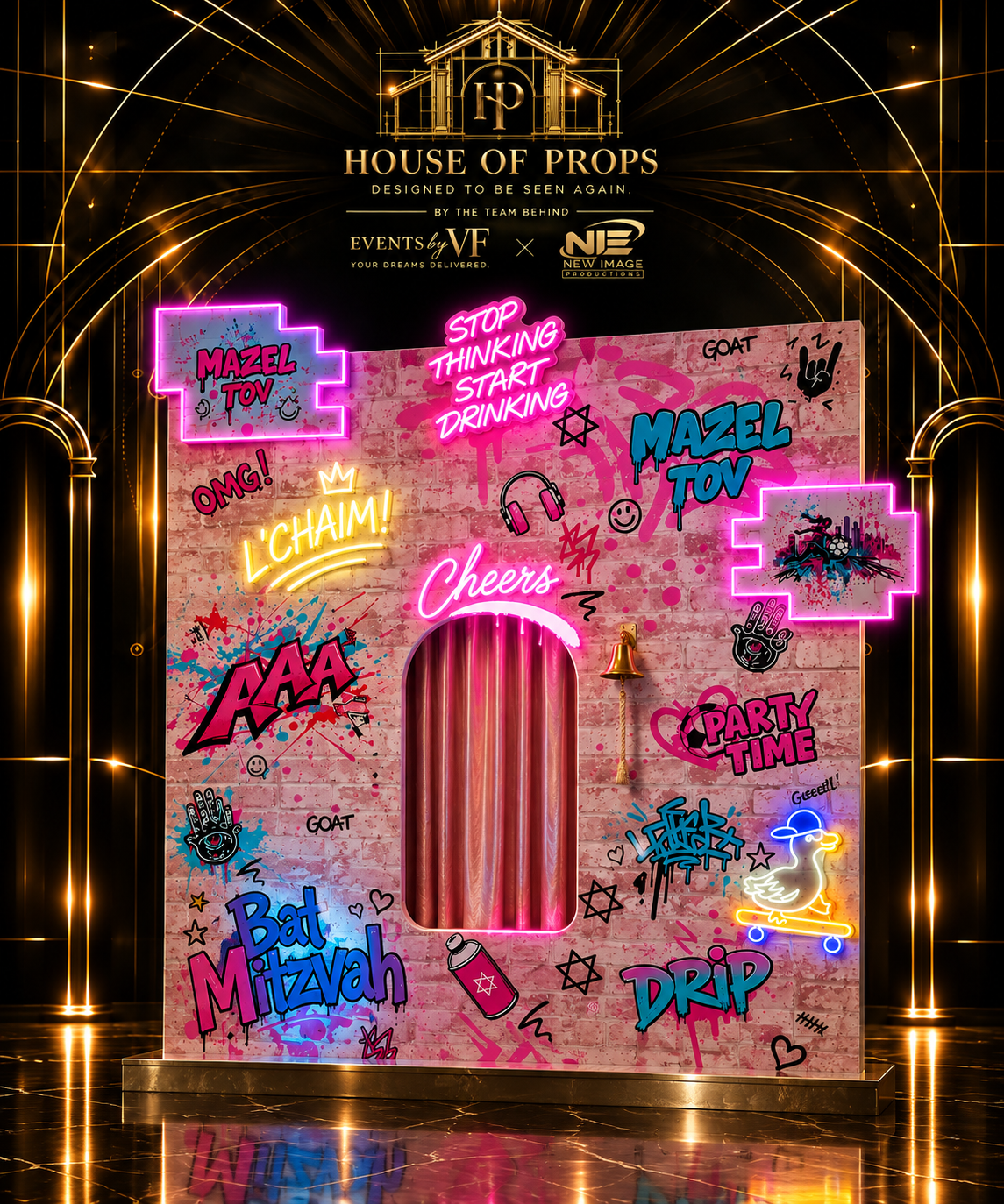 Graffiti Neon Feature Wall in pink, multicolor — Backdrops & Arches available to rent from House of Props NY