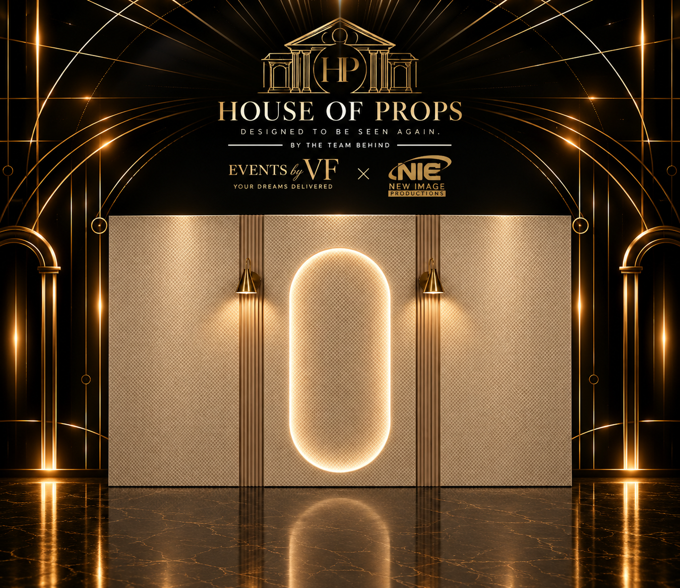 Illuminated Arch Feature Wall in beige, gold — Backdrops & Arches available to rent from House of Props NY