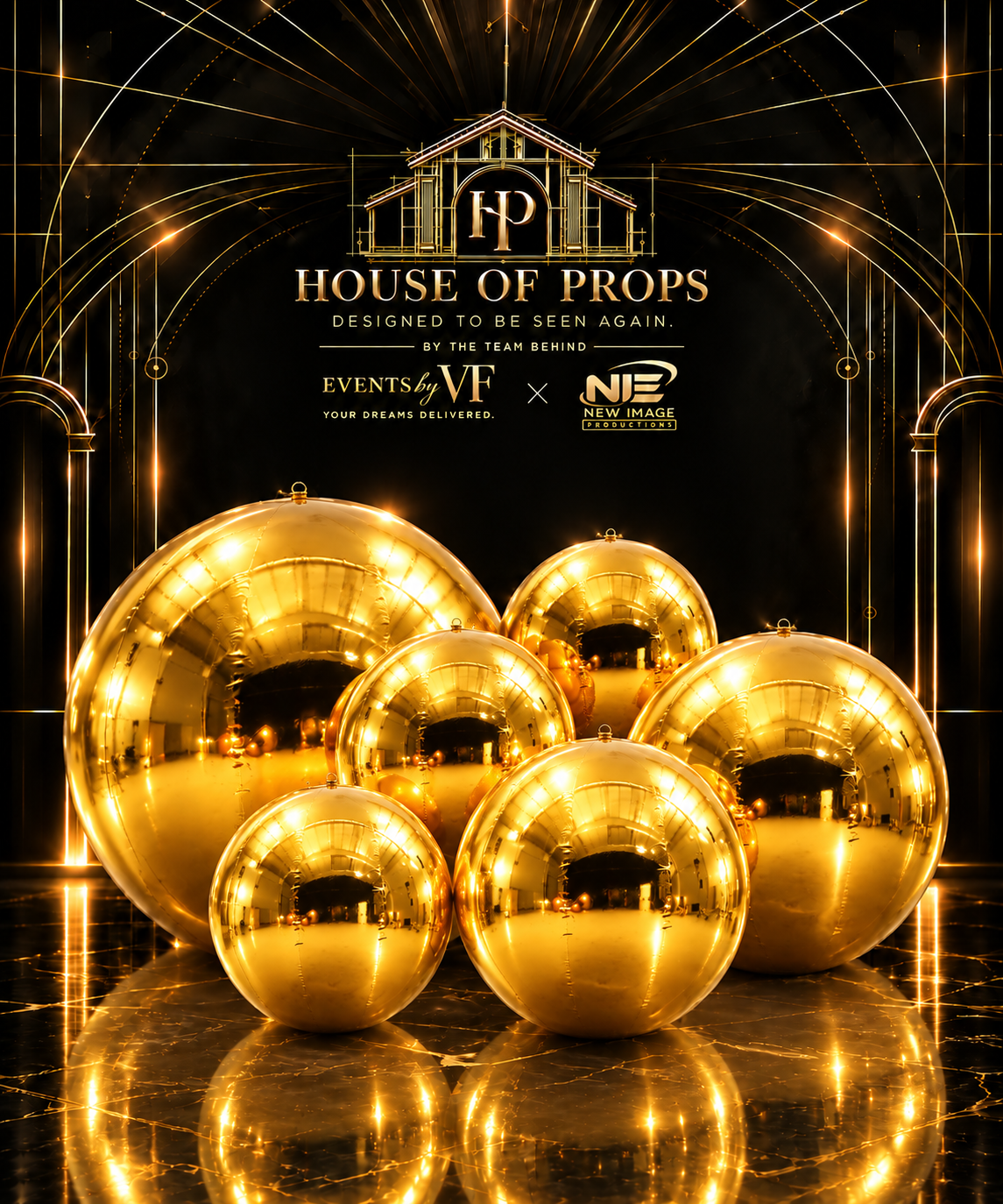 Inflatable Mirror Ball Set in gold (also available in magenta, iridescent) — Large Installations available to rent from House of Props NY