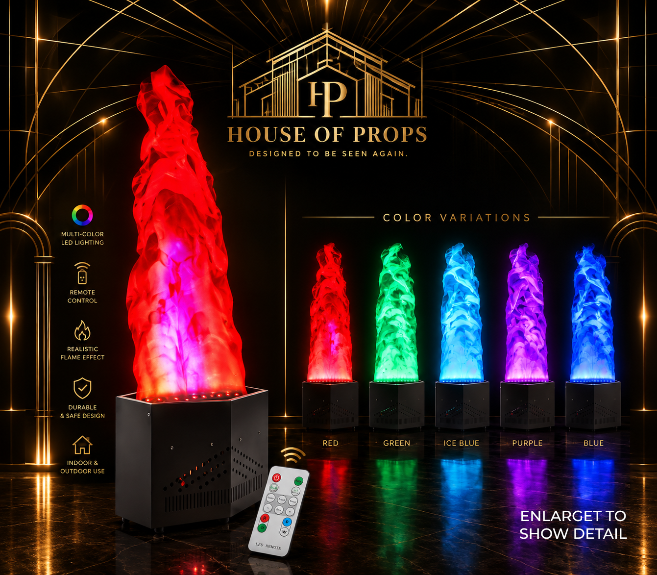 LED Flame Effect Column in black (multicolor remote-controlled led: red, green, ice blue, purple, blue) — Lighting & Effects available to rent from House of Props NY
