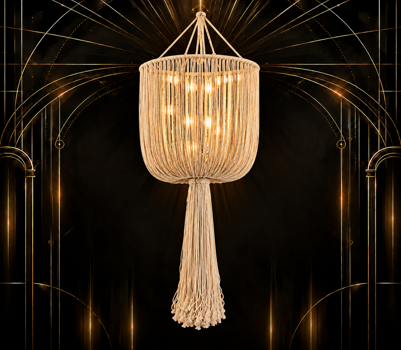 Macramé Tassel Chandelier — Lighting & Effects available to rent from House of Props NY