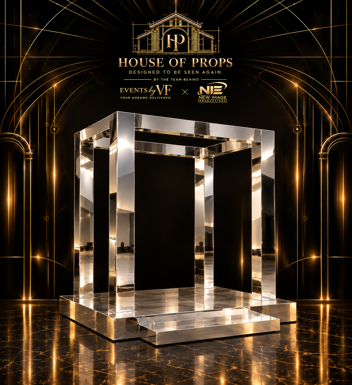 Modern Mirrored Chuppah in silver — Backdrops & Arches available to rent from House of Props NY
