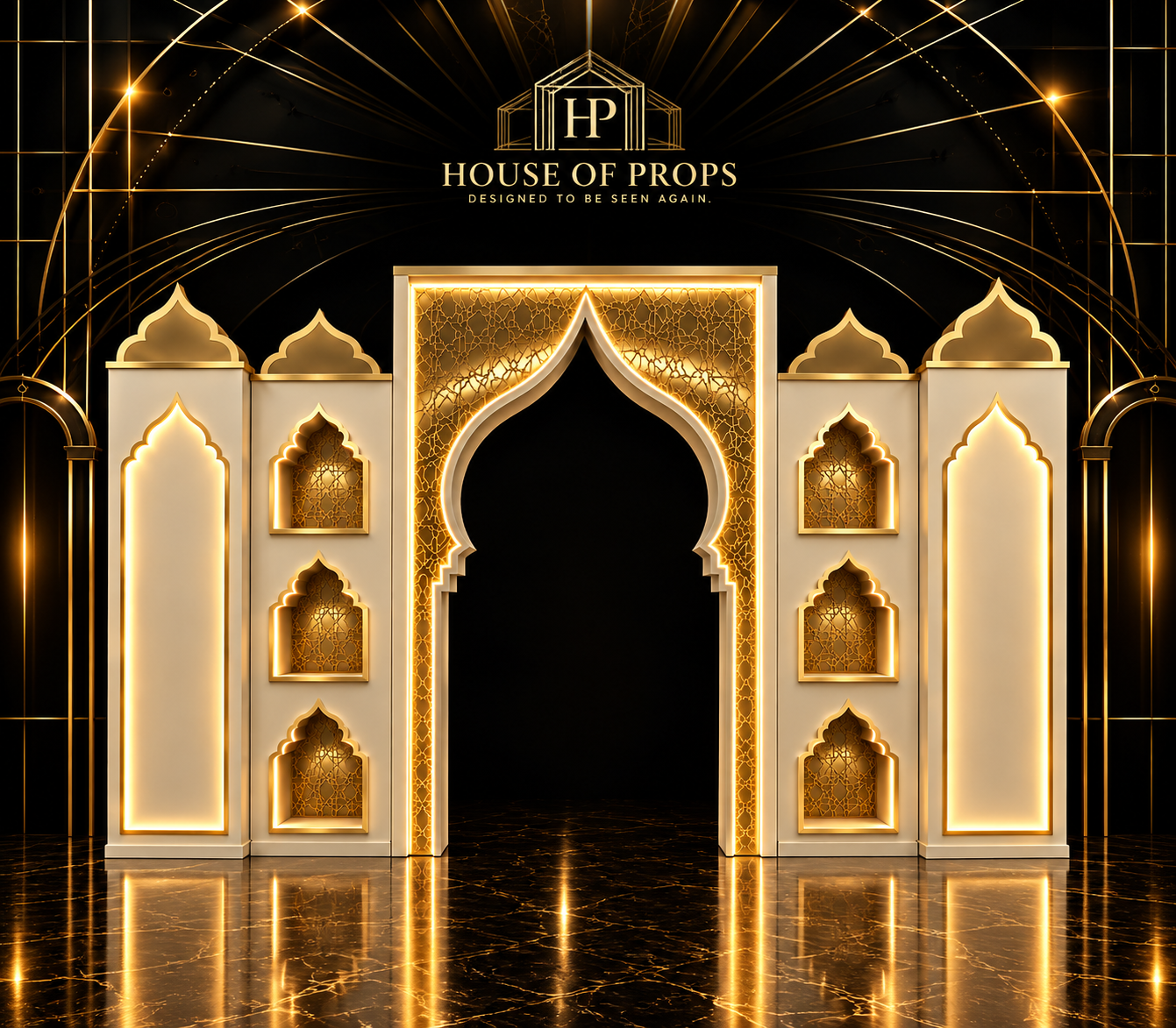 Moroccan Arch in white, gold — Backdrops & Arches available to rent from House of Props NY