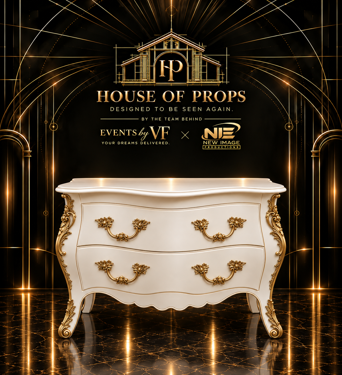 Ornate French-Style Dresser in cream, gold — Tables & Display available to rent from House of Props NY