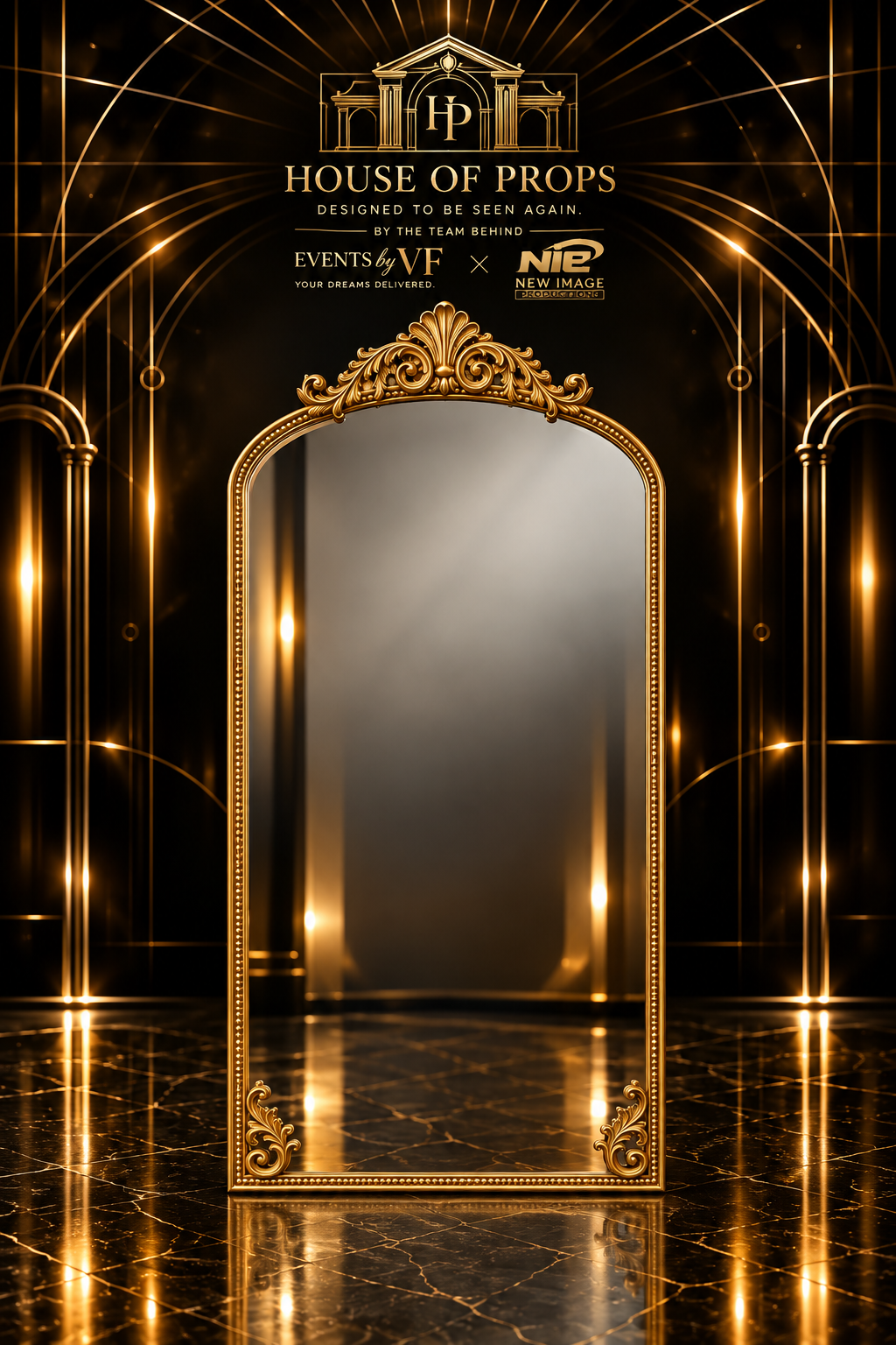 Ornate Gold Arch Mirror in gold — Photo Props available to rent from House of Props NY