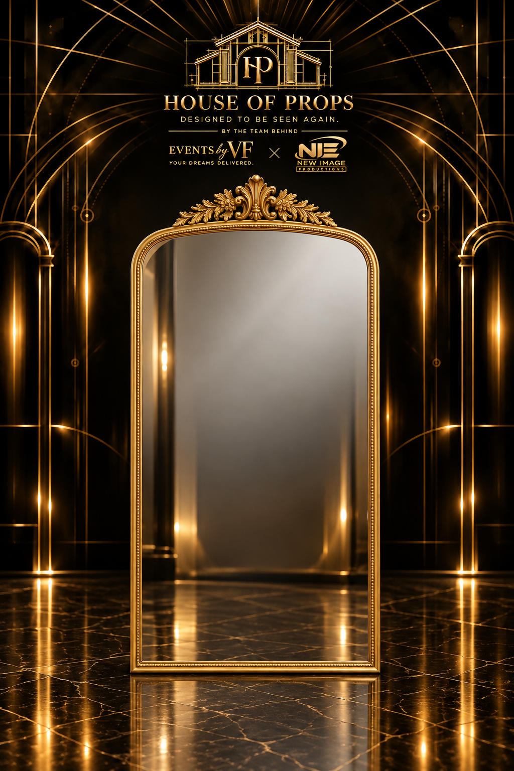 Ornate Gold Floor Mirror in gold — Photo Props available to rent from House of Props NY