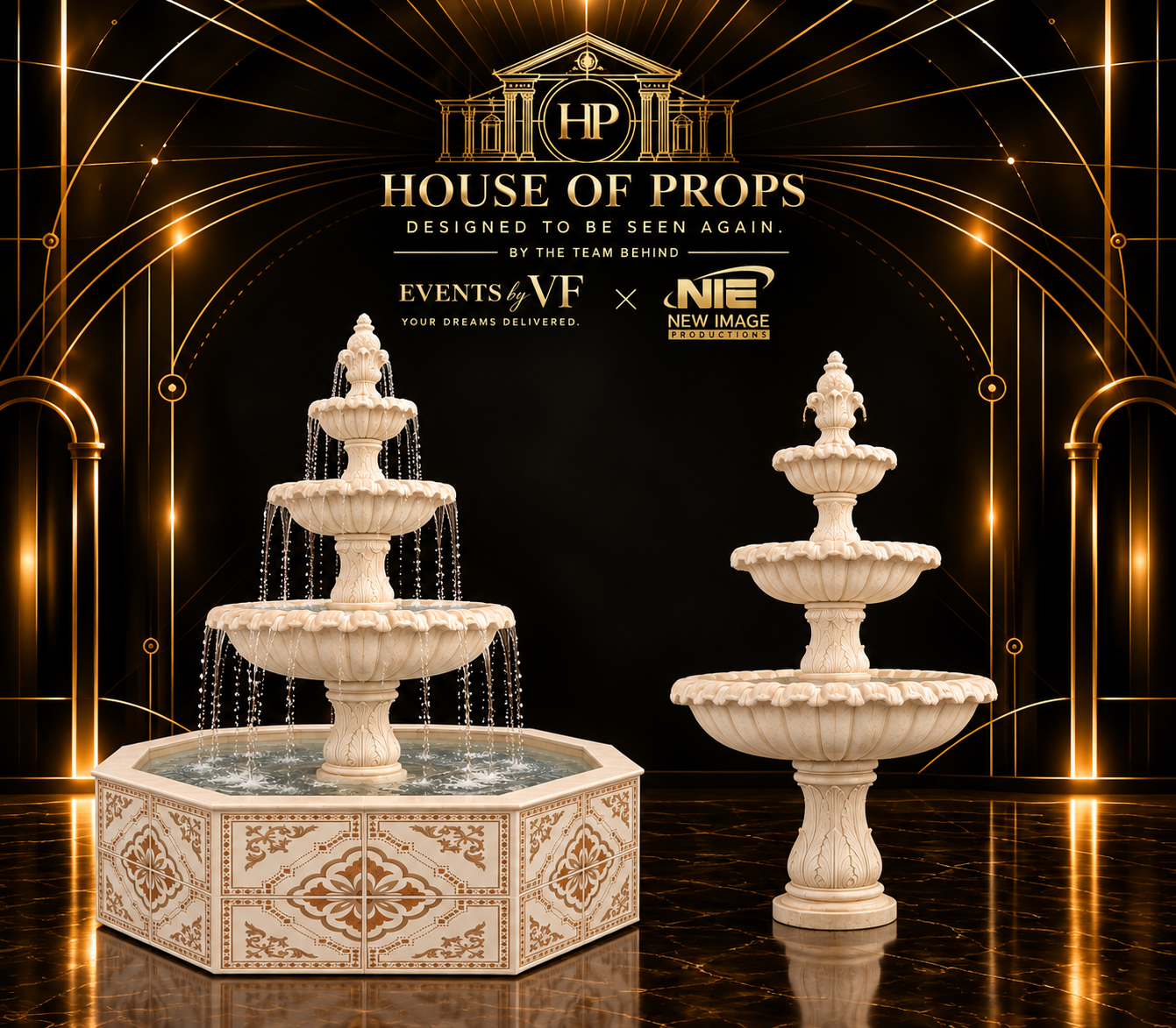 Ornate Tiered Fountain in ivory — Large Installations available to rent from House of Props NY