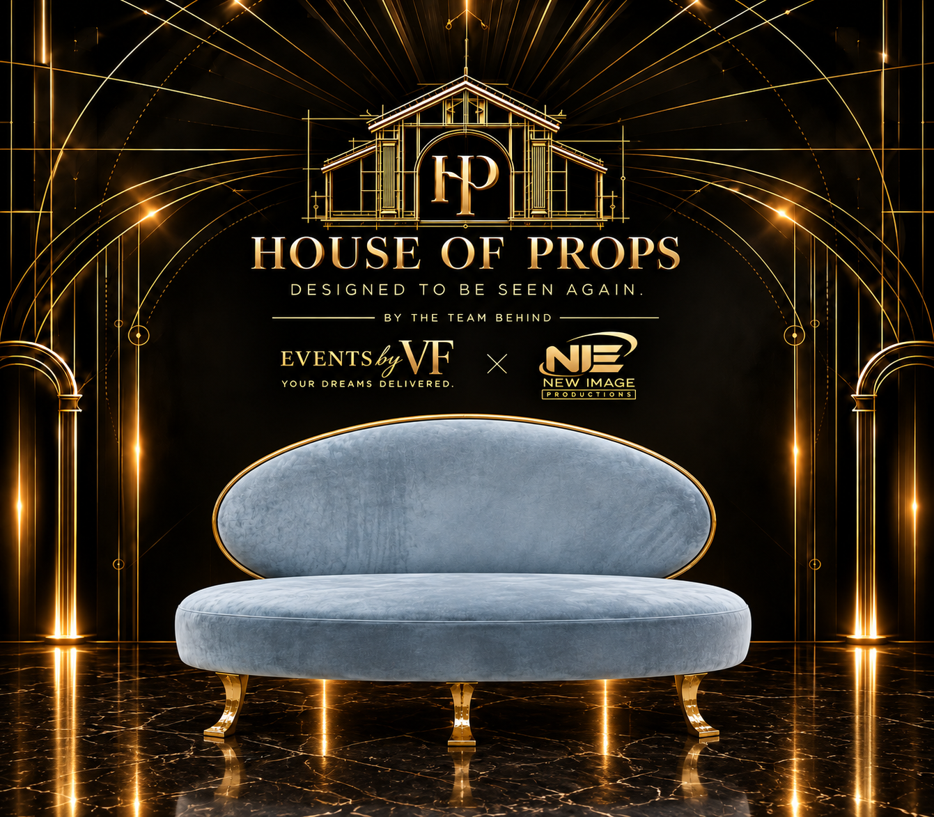 Oval Velvet Lounge Sofa in blue, gold — Seating & Lounge available to rent from House of Props NY