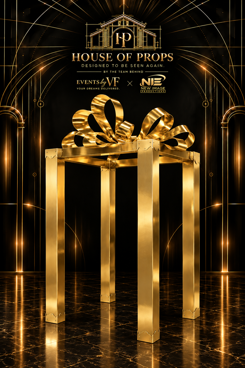 Oversized Gift Box Frame in gold — Photo Props available to rent from House of Props NY