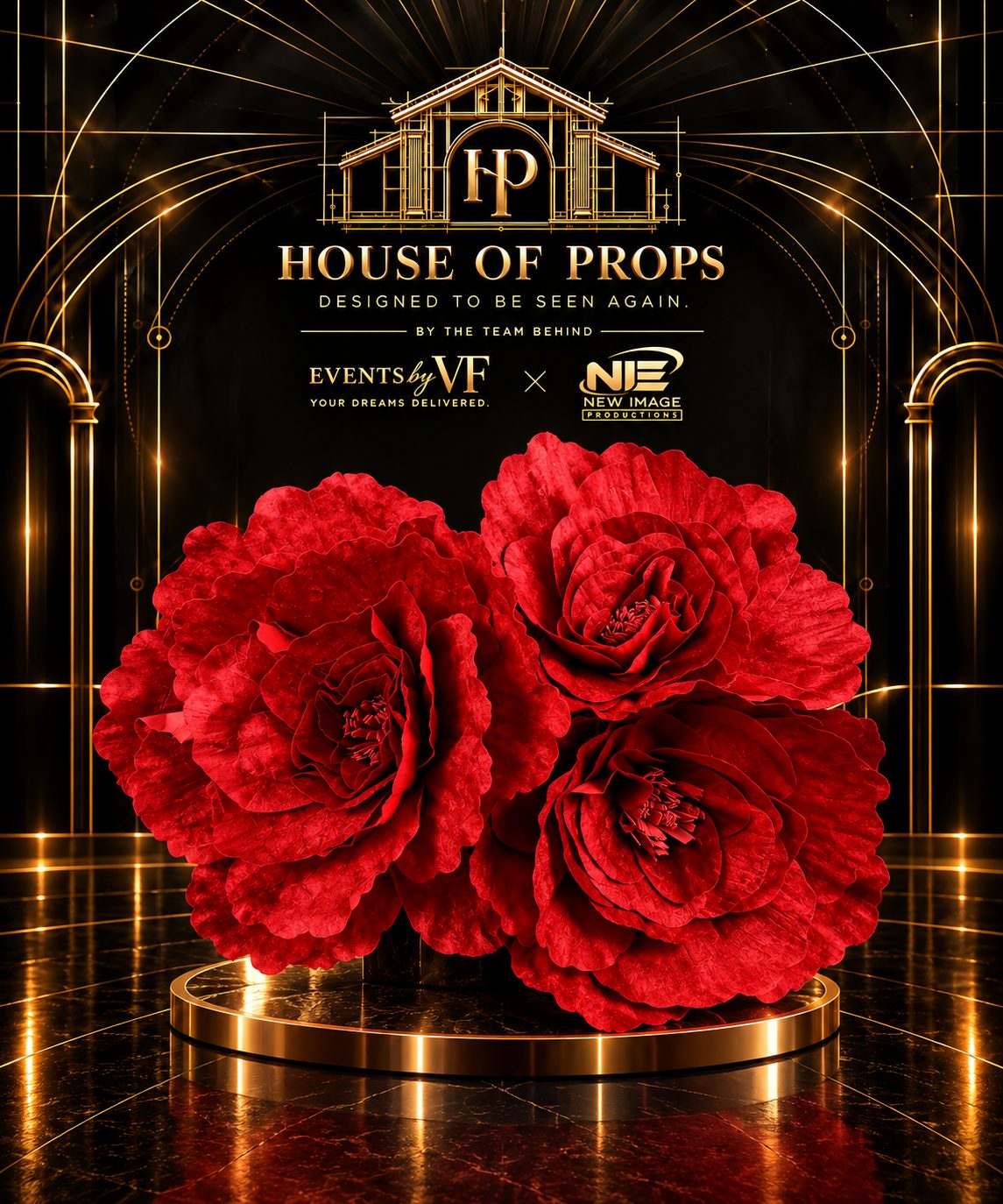 Oversized Red Rose Set in red — Large Installations available to rent from House of Props NY