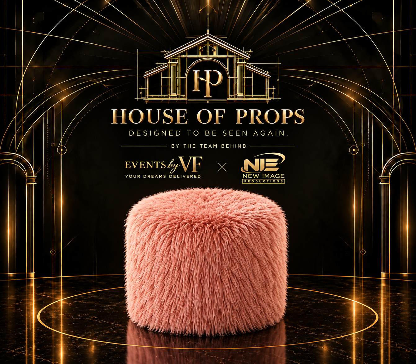 Pink Faux Fur Ottoman — Seating & Lounge available to rent from House of Props NY