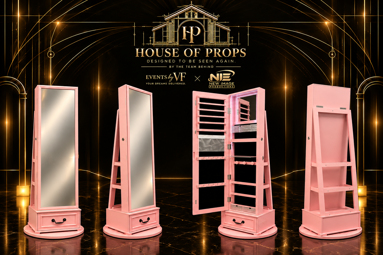 Rotating Jewelry Mirror Cabinet — Tables & Display available to rent from House of Props NY