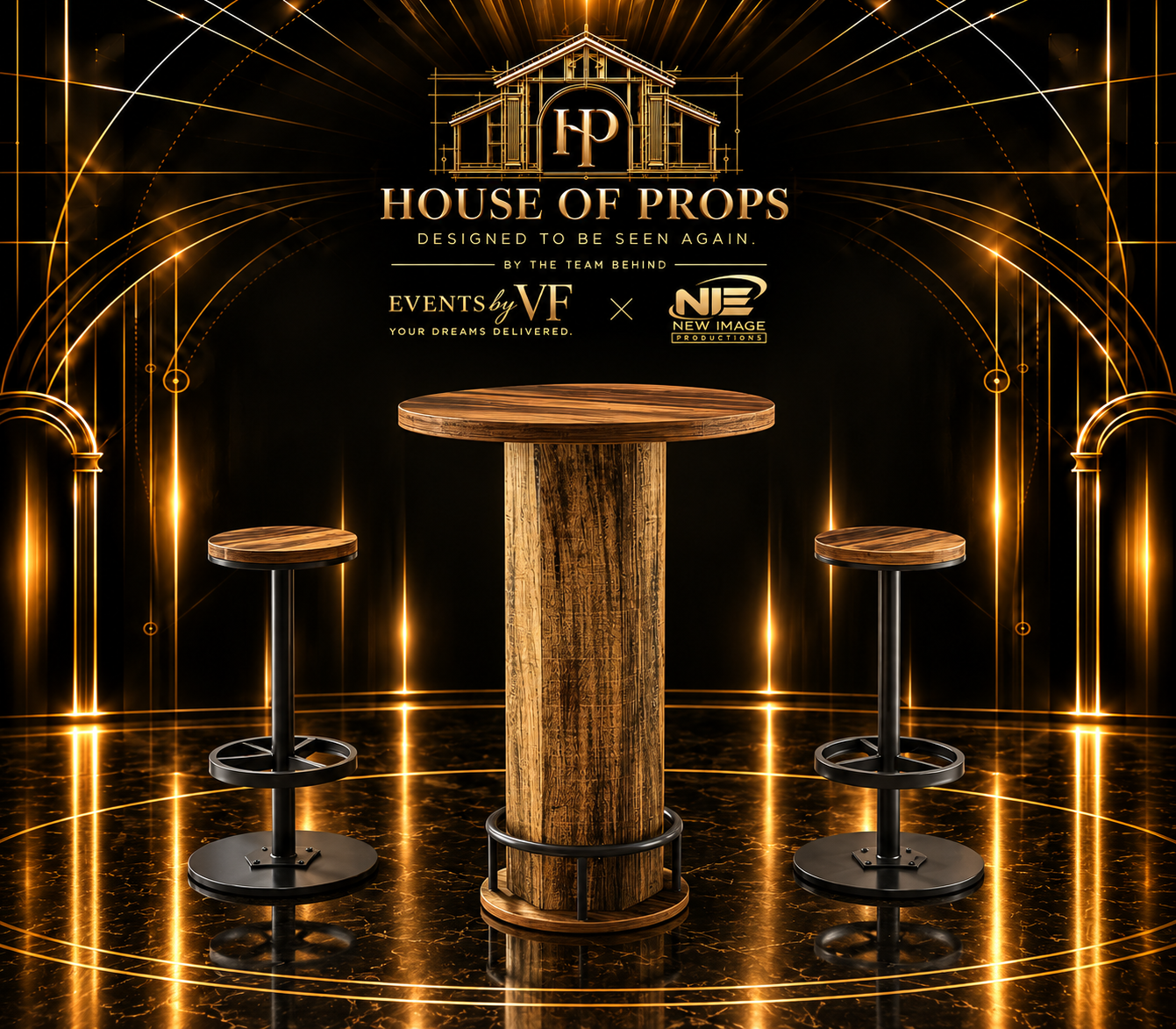 Rustic Cocktail Table & Stool Set — Tables & Display available to rent from House of Props NY