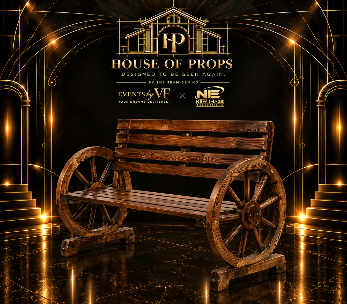 Rustic Wagon Wheel Bench — Seating & Lounge available to rent from House of Props NY