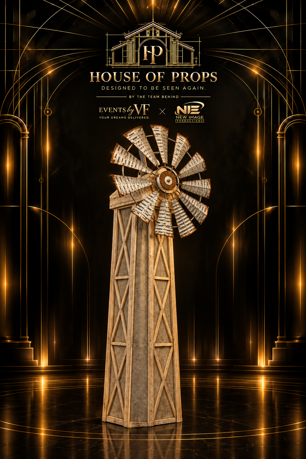 Rustic Windmill Prop in brown, black — Large Installations available to rent from House of Props NY