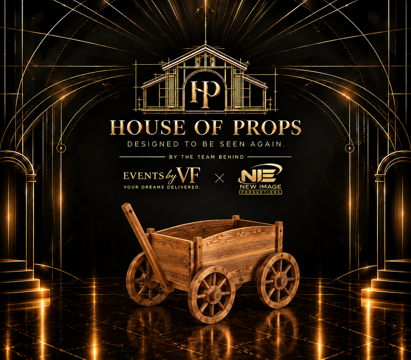 Rustic Wooden Wagon — Large Installations available to rent from House of Props NY