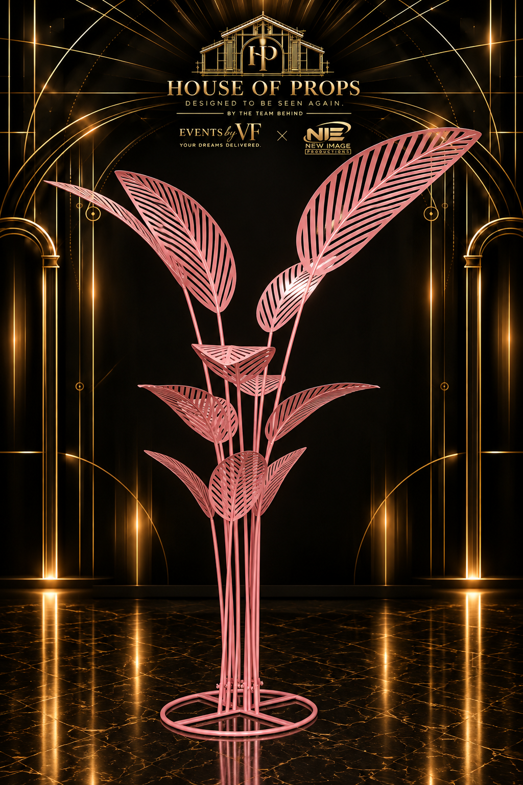 Sculptural Palm Tree Display in pink / rose gold — Large Installations available to rent from House of Props NY