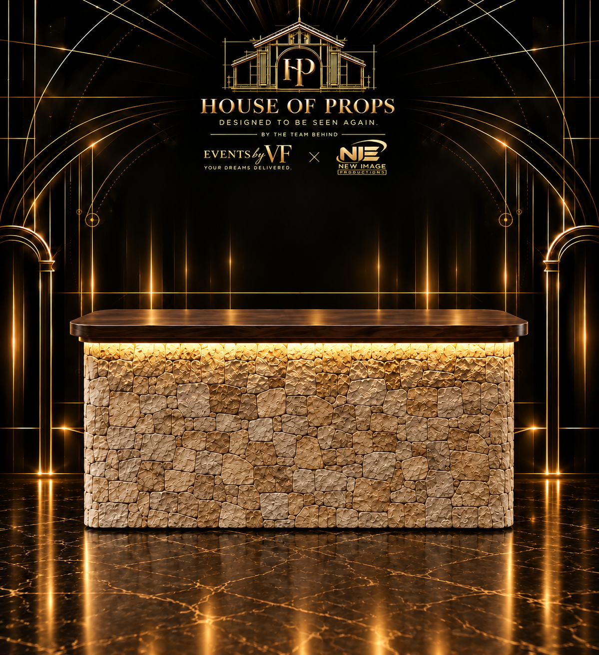 Stone Display Wall & Counter in tan, brown — Tables & Display available to rent from House of Props NY
