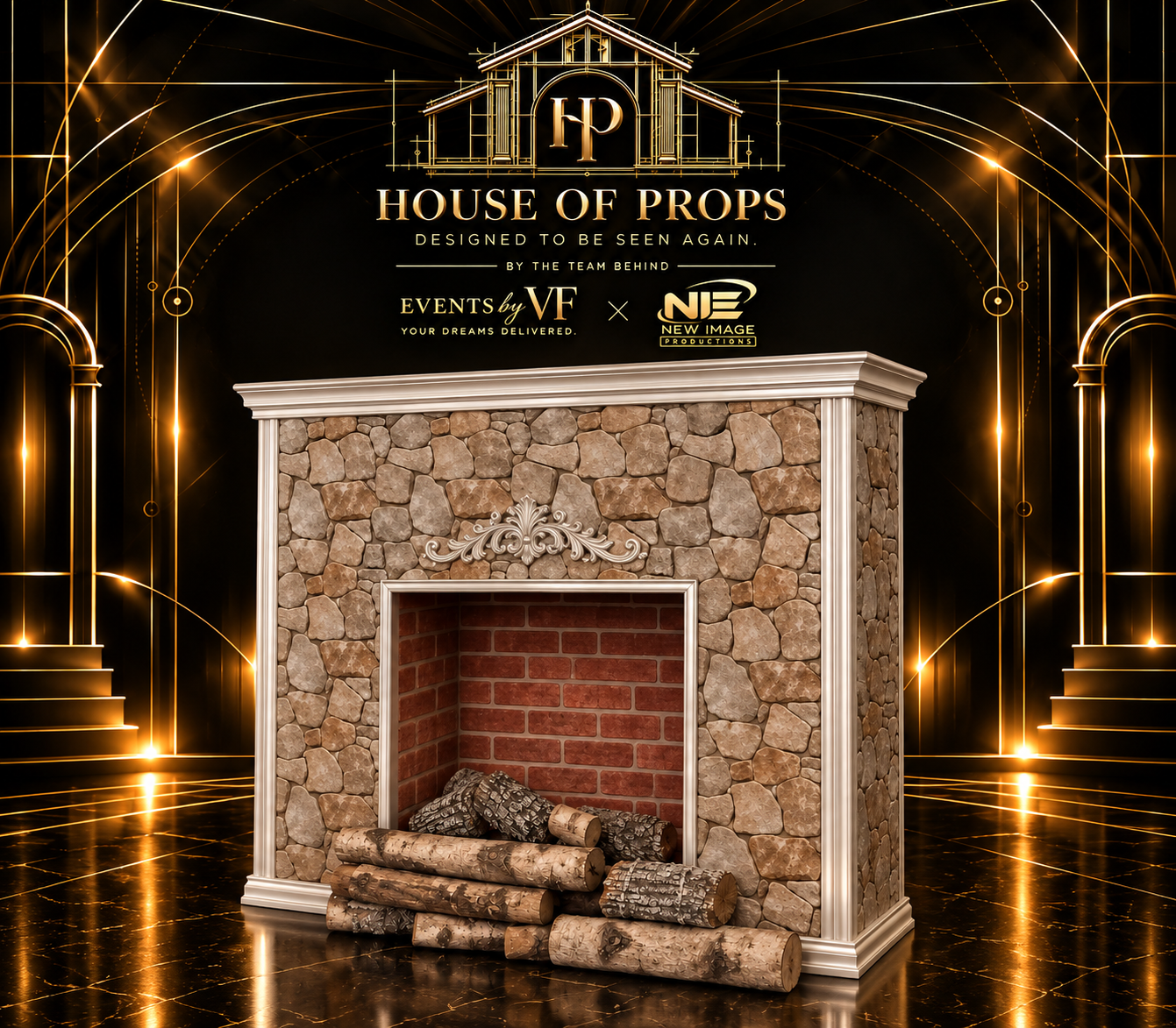 Stone Fireplace Prop — Large Installations available to rent from House of Props NY