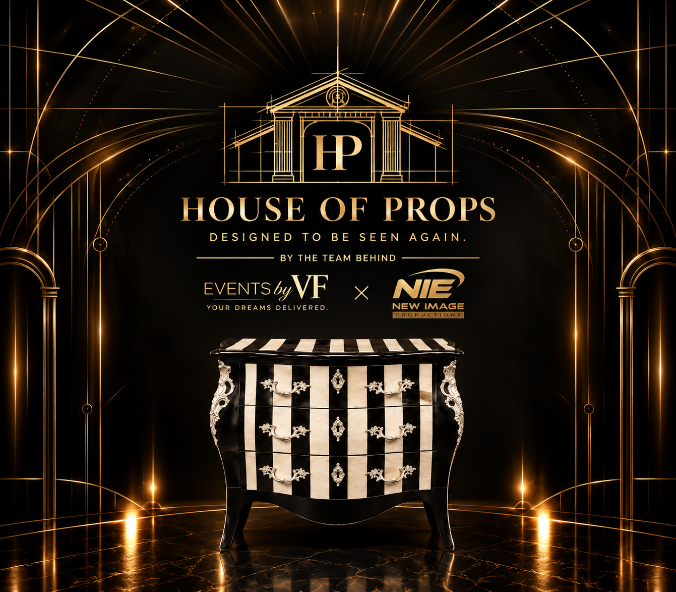 Striped Ornate Dresser in black, ivory — Tables & Display available to rent from House of Props NY
