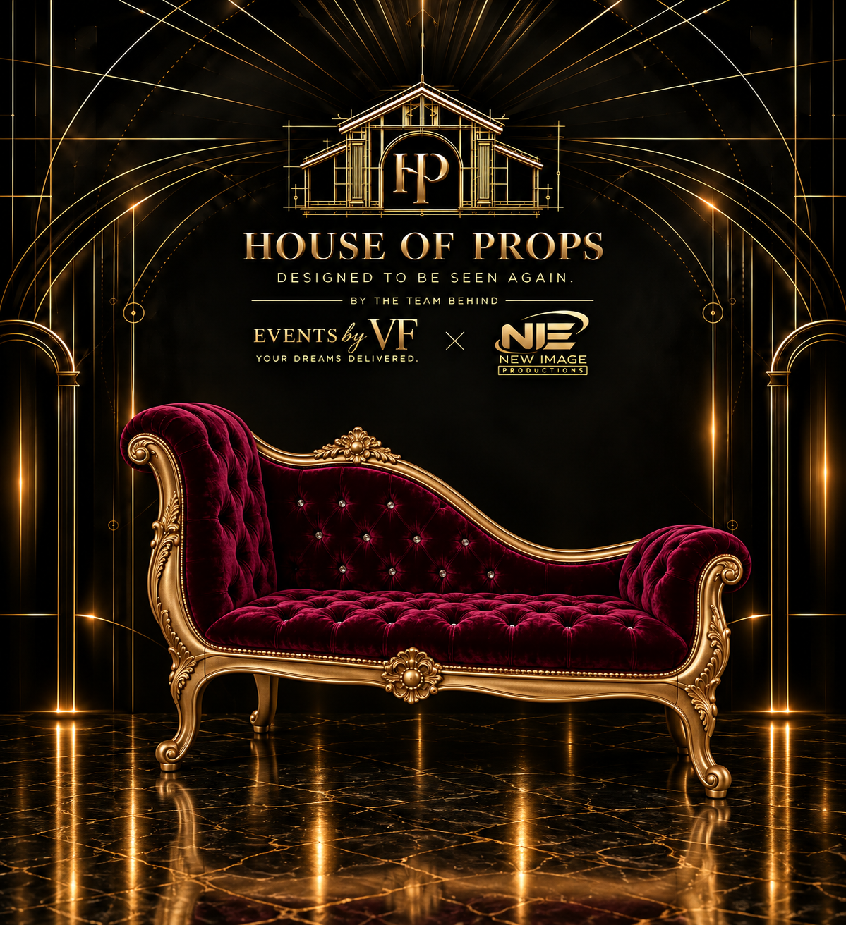 Victorian Velvet Chaise Lounge in burgundy, gold — Seating & Lounge available to rent from House of Props NY