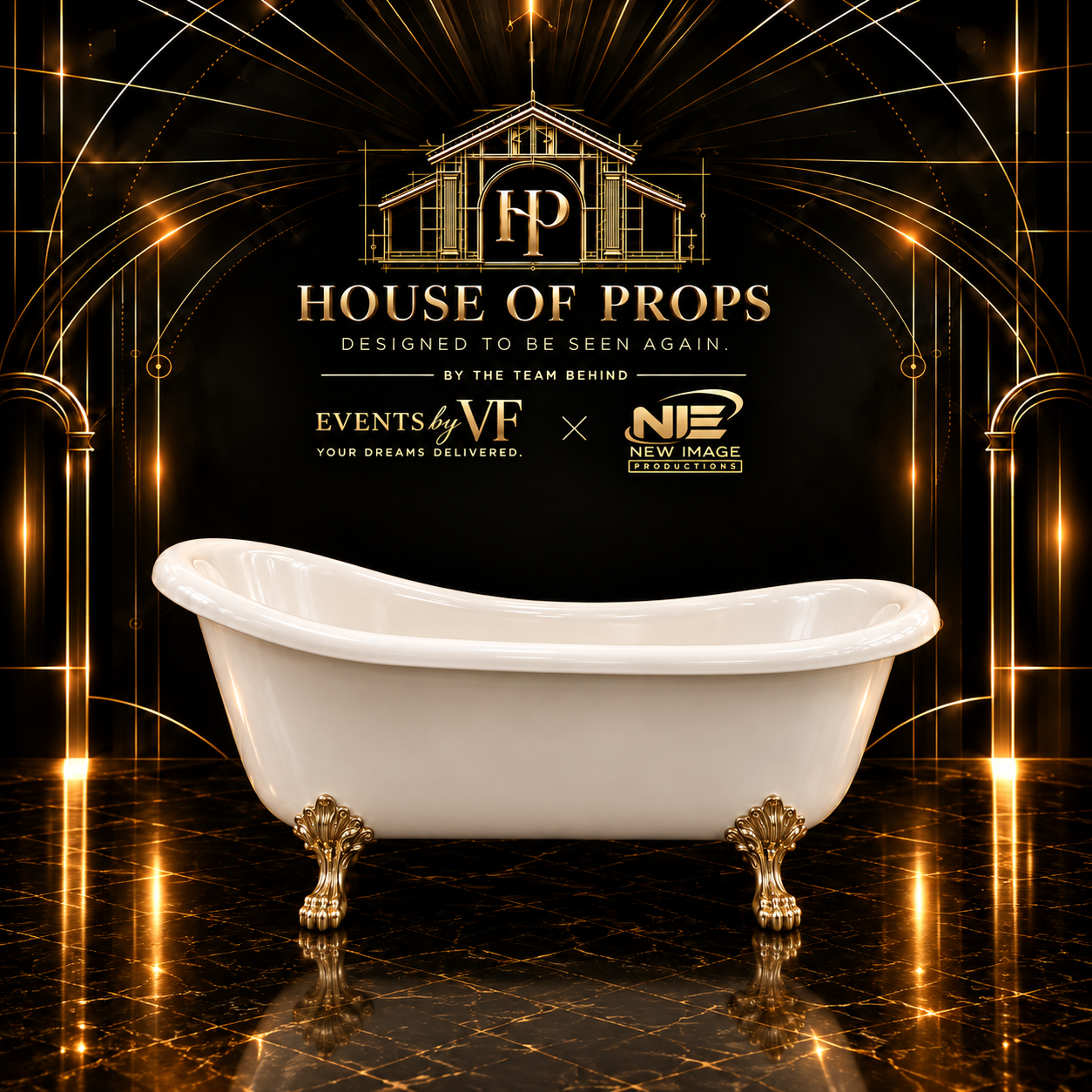 Vintage Clawfoot Bathtub in white, gold — Photo Props available to rent from House of Props NY