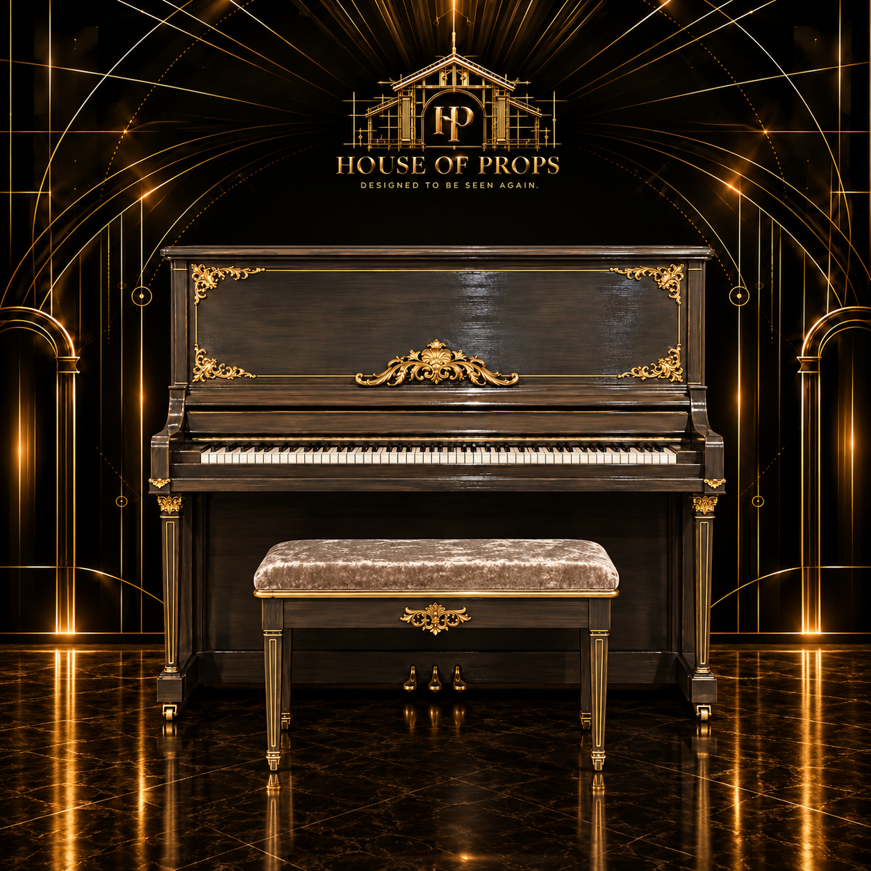 Vintage Upright Piano Set in black, gold — Large Installations available to rent from House of Props NY
