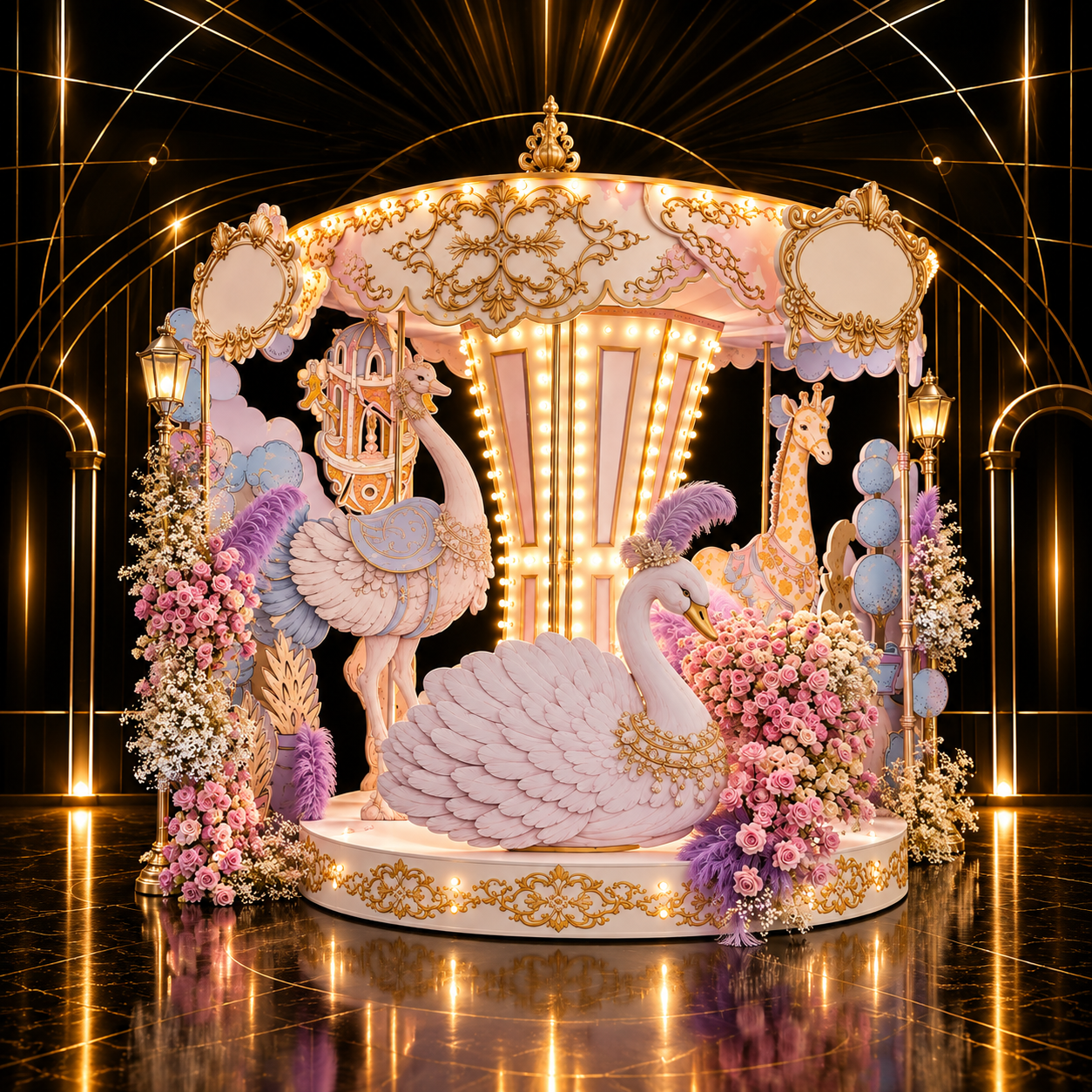 Whimsical Carousel Display in pink, gold, white — Large Installations available to rent from House of Props NY