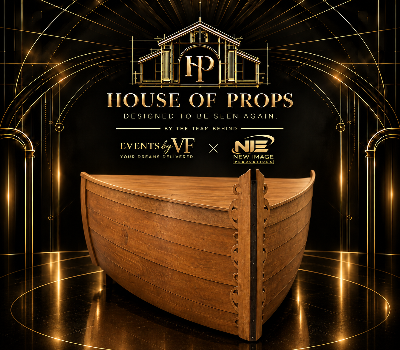 Wooden Boat Display in brown — Photo Props available to rent from House of Props NY