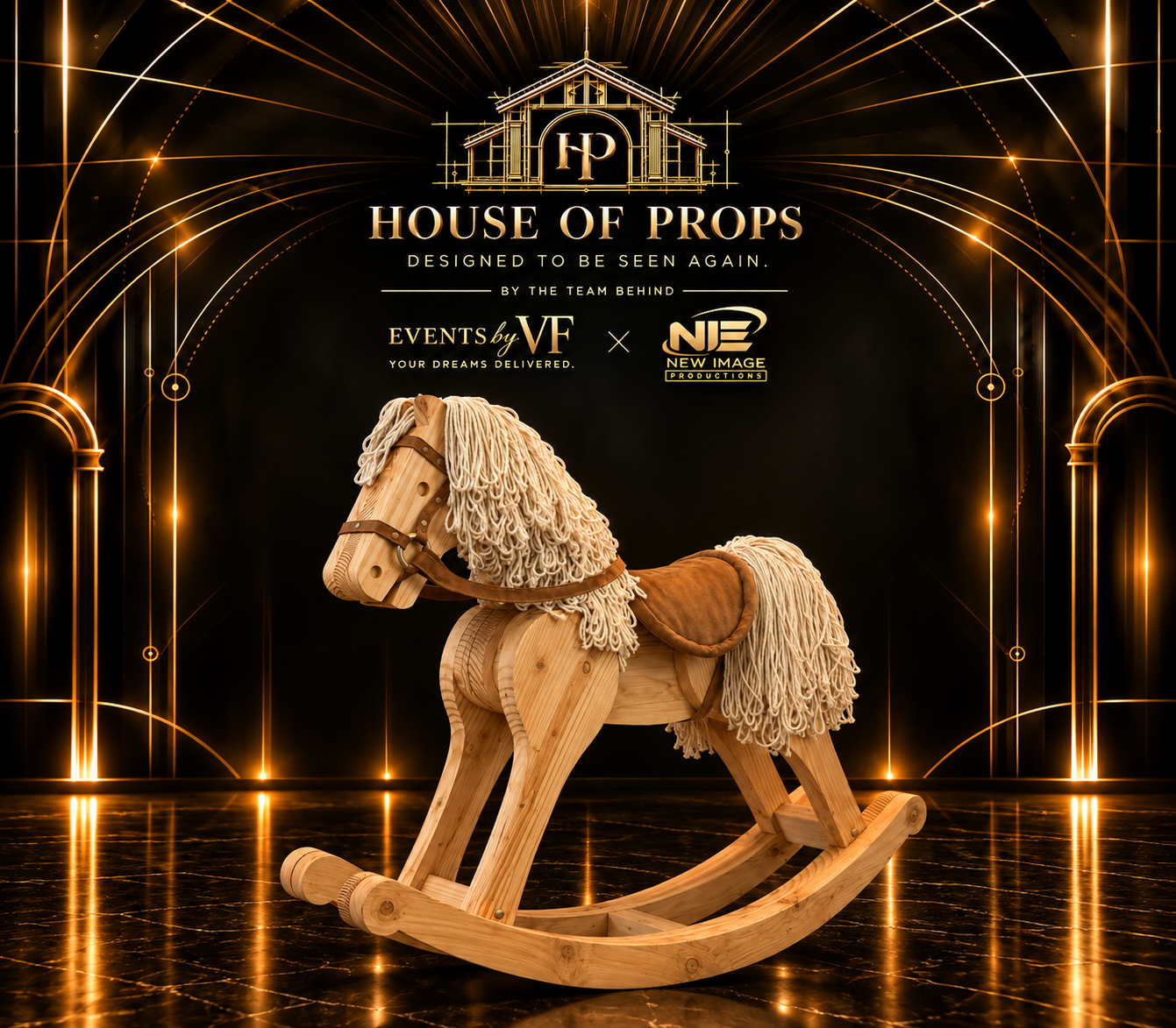 Wooden Rocking Horse in natural wood — Photo Props available to rent from House of Props NY